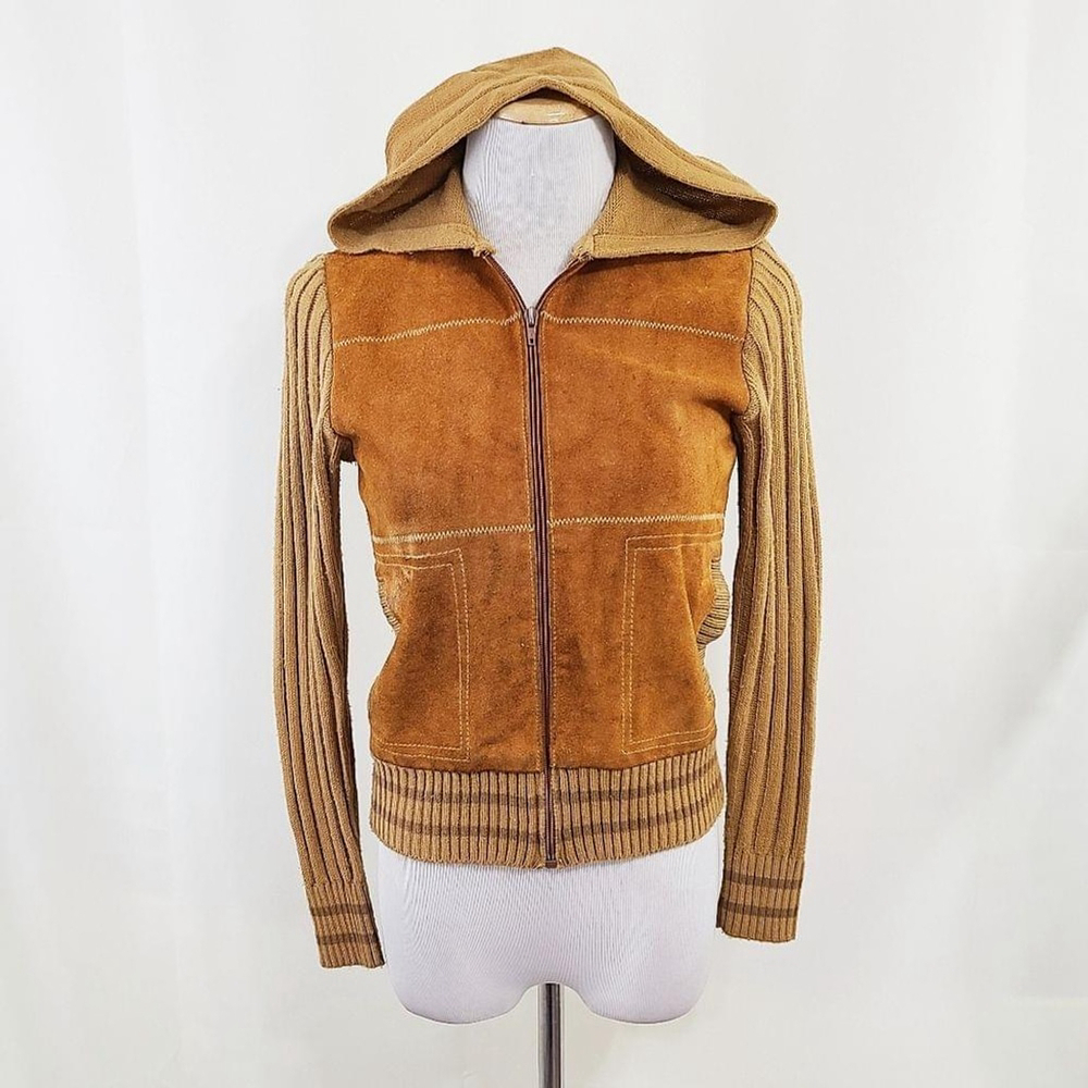 Vintage 70s brown suede knit sweater jacket hooded (needs TLC)